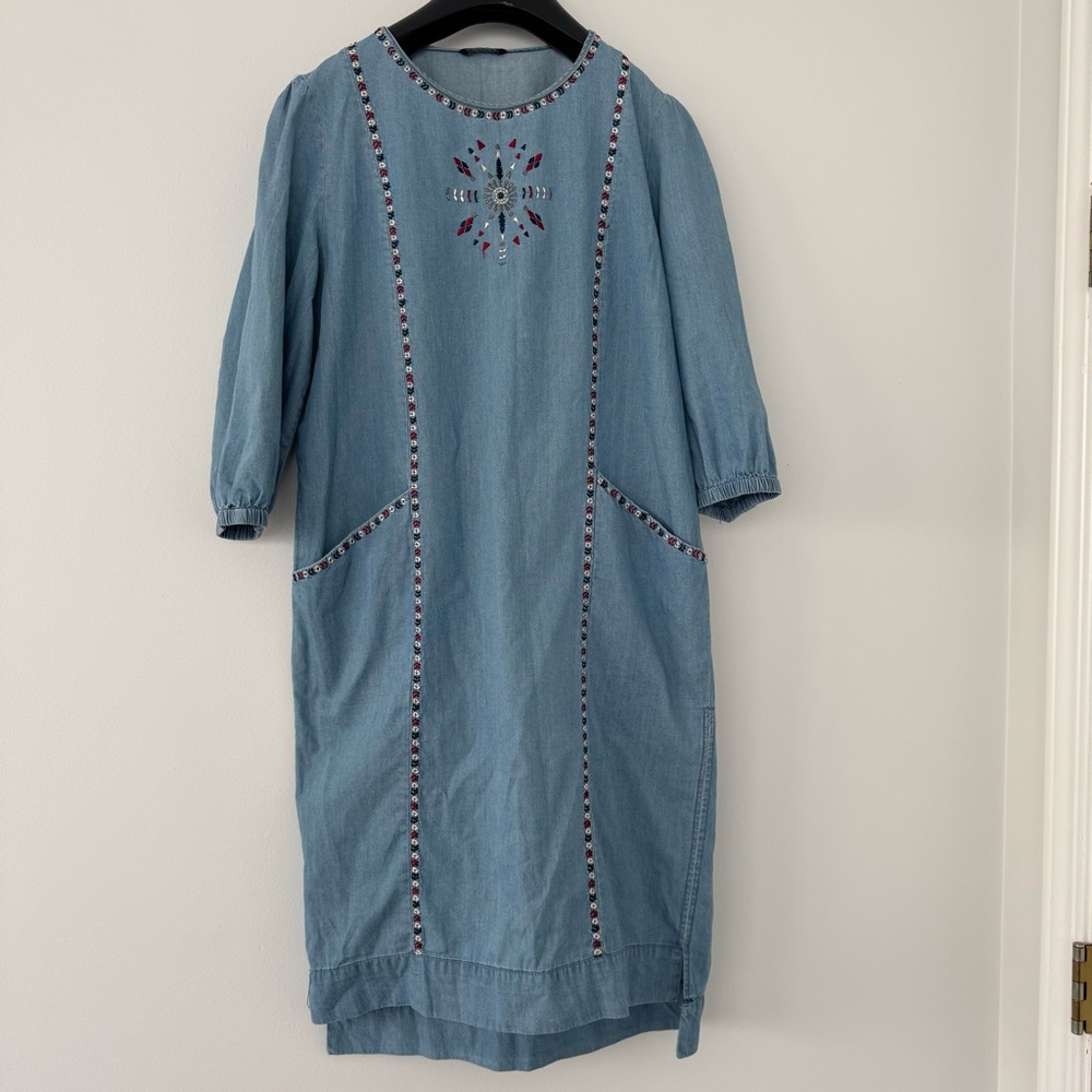 Splash Light Blue Embroidered Denim Midi Dress